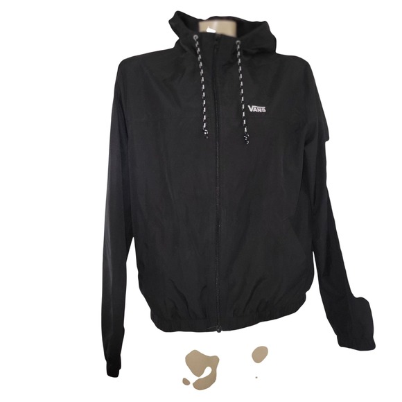 Vans Black Hooded Windbreaker Jacket Checkerboard Sleeve Zip M skater surfer - Picture 1 of 9